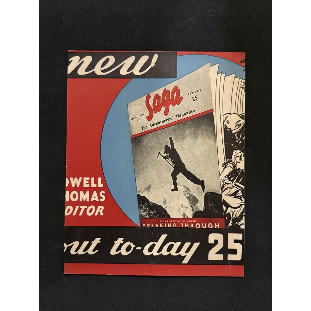 Vintage 1934 SAGA Magazine Newsstand Counter Card Poster Sign Lowell Thomas